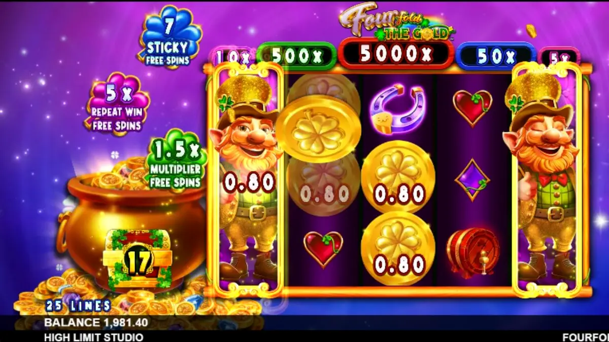 O duende de Fourfold the Gold em um cenário cósmico com nebulosas e símbolos de sorte.