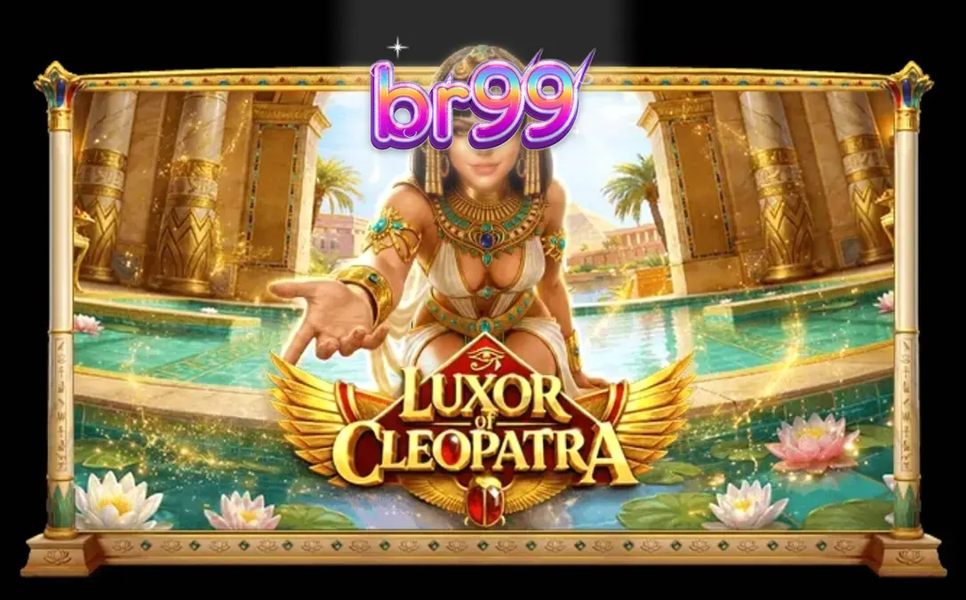 Cenário luxuoso e dourado do slot Luxor of Cleopatra com símbolos egípcios